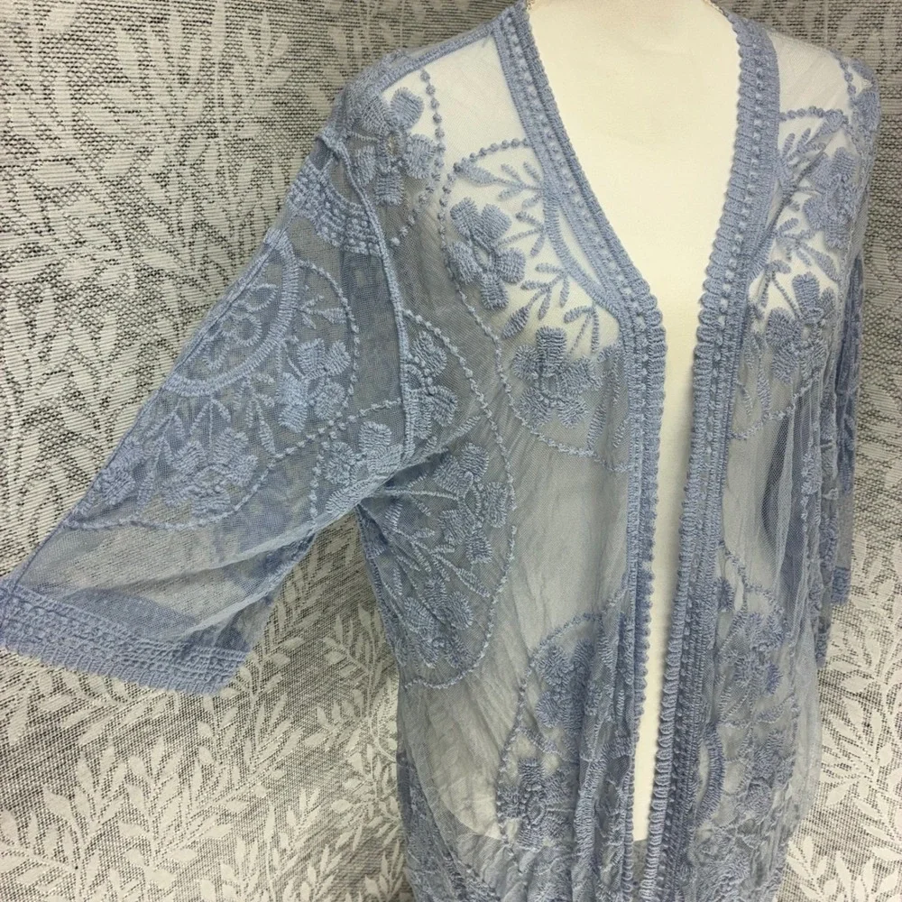 IndigoPoppy Kimono Duster Women S/M Blue Floral Lace Mesh Embroidered Boho Fairy